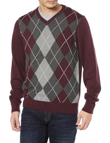 Image of Amazon Essentials Men's V-Neck Pullover Jumper (Available in Big & Tall), Burgundy Argyle, L
