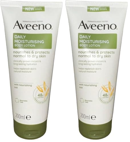 Image of Aveeno Daily Moisturising Body Lotion, With Soothing Oats & Rich Emollients, Suitable For Sensitive Skin, Nourishes and Protects Normal to Dry Skin, Fragrance Free, 200ml (Pack of 2)