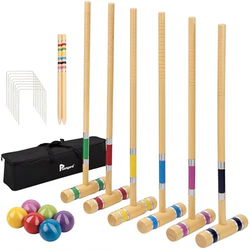 Image of Pointyard Six Player Croquet Set 28", Outdoor Lawn Backyard Croquet Set with Wooden Mallets/Colored Ball/Wickets/Stakes for Adults/Teenager/Family-Perfect for Lawn/Yard Game/Park (Includes Carry Bag)