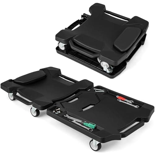 Image of COSTWAY 43 Inches Folding Car Creeper, 150kg Load Capacity Rolling Mechanics Creeper with 6 Rotatable Wheels, Padded Headrest & Tool Trays, Low-Profile Garage Work Vehicle Creepers
