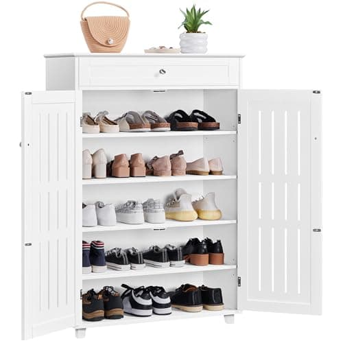 Image of Yaheetech Shoe Cabinet, 5-Tier Wooden Shoes Storage Cabinet with Drawer, Shoe Rack Organizer with Door & Adjustable Shelves for Entryway, Hallway, White