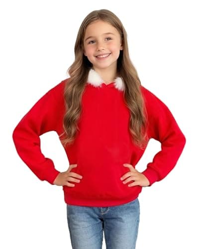 Image of BOVOSHA Kids Christmas Hoodie for Girls Red Hooded Sweatshirt Xmas Pullover Long Sleeve Solid Top Teen Clothes (Red, 11-12T)