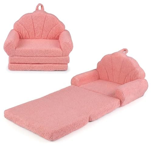 Image of COSTWAY Kids Sofa Bed, 2-in-1 Fold out Toddler Sofa Chair to Lounger Bed with Machine Washable Cover, Anti-Slip Base & Handle, Shell-shaped Convertible Children Armchair for Boys Girls (Pink)