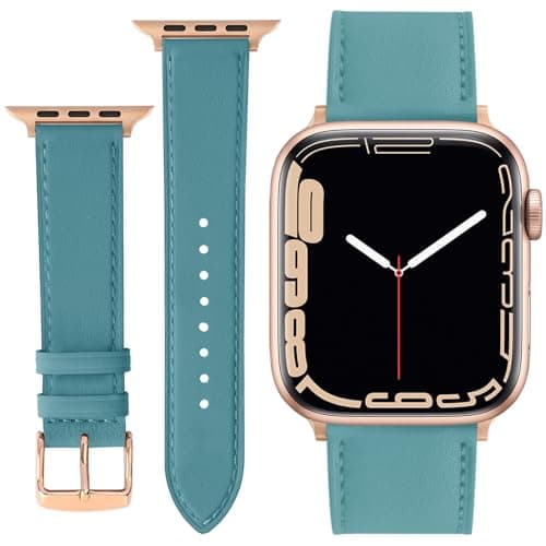 Image of ONET8O Leather Strap Compatible with Apple Watch 38mm 40mm 41mm Replacement Genuine Leather Bands for iWatch Series Women and Men Watch Wristband (38mm 40mm 41mm) Lake Blue