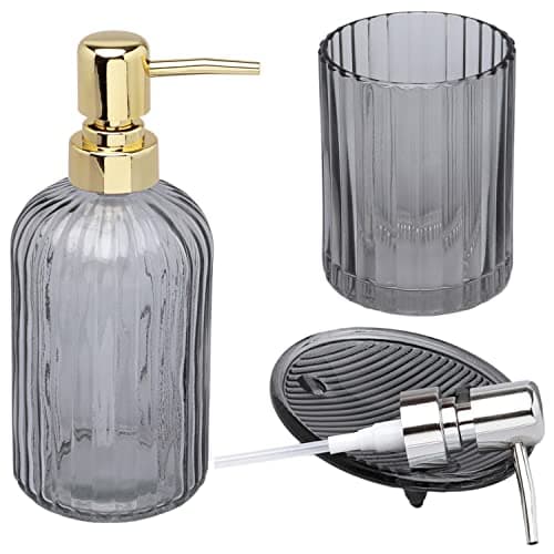 Image of G Decor Designer 3-Piece Smoky Grey Modern Transparent Pressed Glass Bathroom Accessory Set, Includes Liquid Soap or Lotion Dispenser, Toothbrush Holder, Soap Dish
