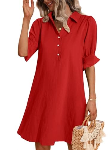 Image of Zeagoo Women's Chiffon Dresses V Neck Summer Casual Dress Ladies Ruffle Short Sleeve Solid Beach Dresses Short Dress Red