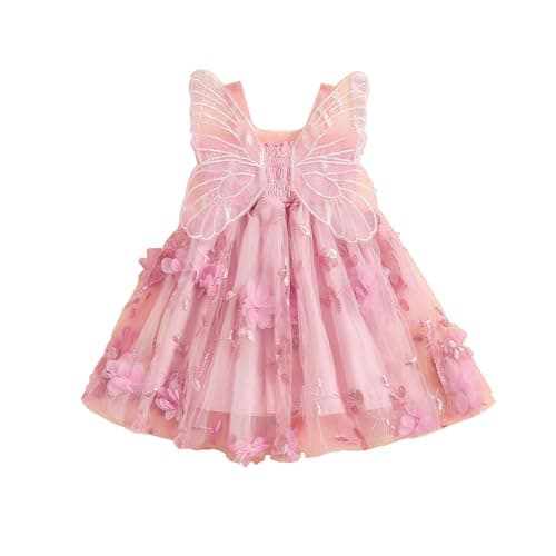 Image of Toddler Baby Girl Butterfly Wings Dress Princess Sleeveless Tulle Butterfly Wing Skirt Birthday Party Tutu Dress (A Pink, 18-24 Months)