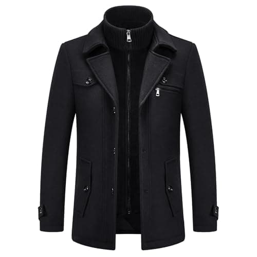 Image of KUDORO Mens Wool Coats Short Winter Padded Trench Coat for Casual Business Outwear Thick Wool Blend Peacoat with Removable Inner Collar