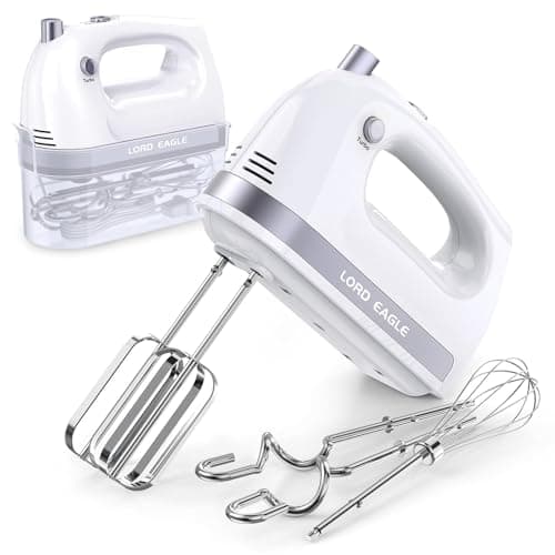 Image of Lord Eagle Hand Mixer Electric Whisk, 400W Power Handheld Mixer for Baking Cake Egg Cream Food Beater, Turbo Boost/Self-Control Speed + 5 Speed + Eject Button + 5 Accessories, White
