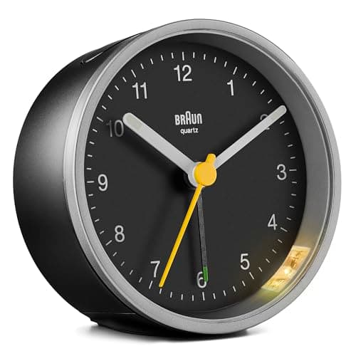 Image of Braun Classic Analogue Alarm Clock with Snooze and Light, Quiet Quartz Movement, Crescendo Beep Alarm in Black and Silver, model BC12SB.