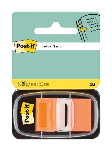 Image of Post-it Index Flags, Medium, Orange, 1 Dispenser 25.4 mm x 43.2 mm, 50 Flags - to Mark, Highlight or Color Code Important Information