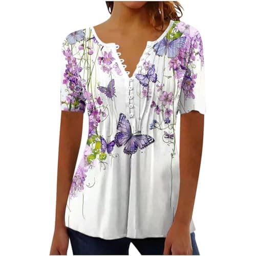 Image of Ladies Tops Size 18 UK Loose Tops for Women UK Tea Shirts Summer Cream Top Cerulean Clothing Ladies Henley Neck Front Pleated Tunic Shirts Plus Size Size 22