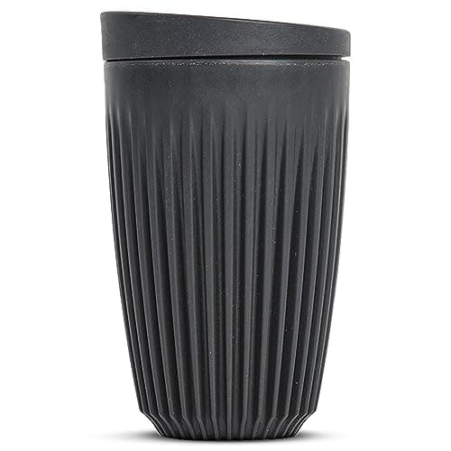 Image of HUSKEE Coffee Cups with Lids - Reusable Coffee Cup with Unique Fins for Espresso, Cappuccino, Americano, Mocha - Insulated & Portable Latte Cups Made with Repurposed Coffee Husks (Charcoal, 12oz)