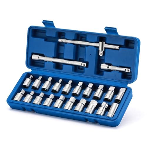 Image of CASOMAN 23PCS 3/8" Drive Oil Drain Plug Key Socket Set, Oil Drain Sump Plug Key Socket Set with Extension Bar, Oil Pan Socket Spanner Set with VW BMW etc, CR-V