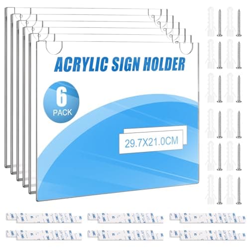 Image of LDHHYH 6 Pack A4 Acrylic Wall Sign Holder, Clear A4 Wall Mounted Document Holder, Self Adhesive Wall Poster Display Holder for Office Retail Store Notice Paper Sign, Landscape