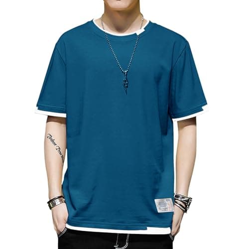Image of KENAIJING Men's Short Sleeve T-Shirt Cotton Crewneck Patchwork Summer Casual Harajuku Sportswear (Blue, XL)