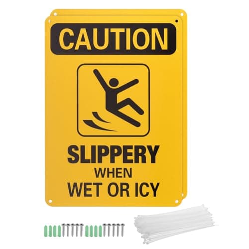 Image of PATIKIL 10x7 Inch Slippery When Wet or ICY Sign, 2 Pack Caution Sign Reflective Aluminum Metal Warning Signs with Screws & Ties for Wet Floor Caution, Yellow/Black