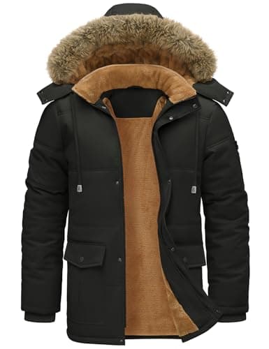 Image of Lonya Mens Winter Coat Warm Water-repellent Fleece Lined Ski Jacket Thermal Outdoor Windproof Parka with Detachable Hood Black,XXL