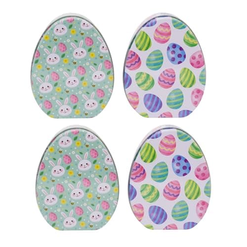 Image of Carousel Home Set of 4 Easter Egg Shaped Metal Tins | 11cm Pastel Blue and White Decorative Storage Tins for Sweets, Chocolates or Keepsakes Trinket Tins Storage Pots