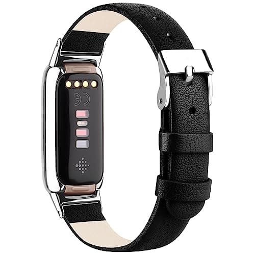 Image of Wanme Leather Strap Compatible with Fitbit Luxe for Women Men, Soft Breathable Sport Wristband Metal Classic Buckle Bracelet Replacement Band, Black