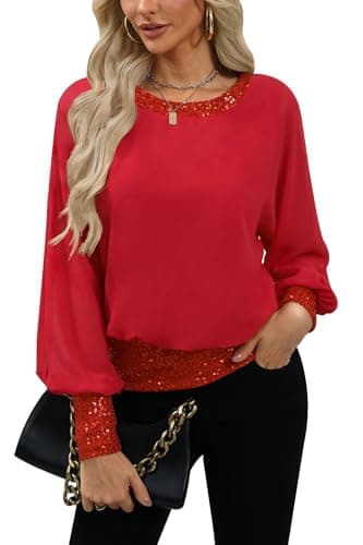 Image of For G and PL Women Dressy Long Sleeve Top Christmas Evening Cruise Shiny Sequin Shimmery Wedding Party Formal Elegant Beaded Red L