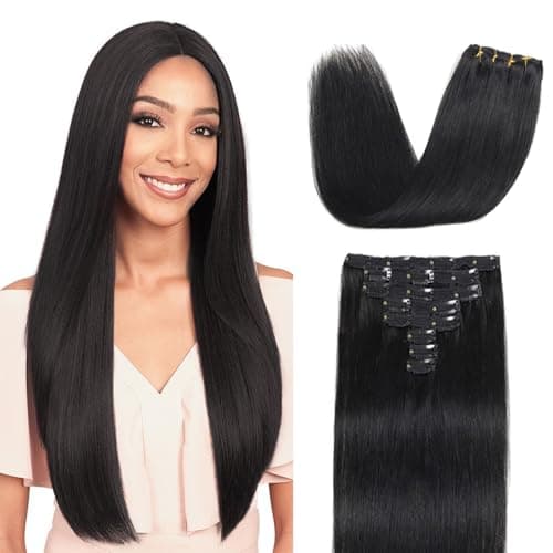 Image of Clip in Hair Extensions Real Human Hair Straight Real Remy Human Hair 8pcs 100g Double Weft Remy Human Hair Clip in Extensions (#1B Natural Black, 20 Inch)