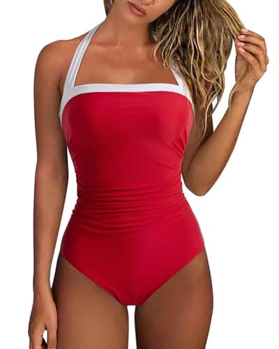 Image of RXRXCOCO Womens Tummy Control Swimwear Halter Neck One-Piece Swimsuits Padded Swimming Costume Red White