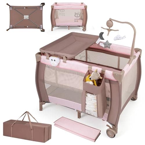 Image of GYMAX Baby Travel Cot, 3 in 1 Bassinet Bed with Changing Table, Mattress, Music Box, Toy Bar and Carrying Bag, Portable Infant Crib Activity Play Center for 0-36 Months (Pink)