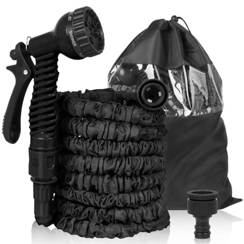 Image of Expandable Garden Hose 50ft/15m with 7-Function Spray Gun – Magic Hose Pipe, Anti-Leak Latex Core with 3/4" & 1/2" Plastic Fittings, Retractable Hosepipe for Garden Watering with Storage Bag - Black