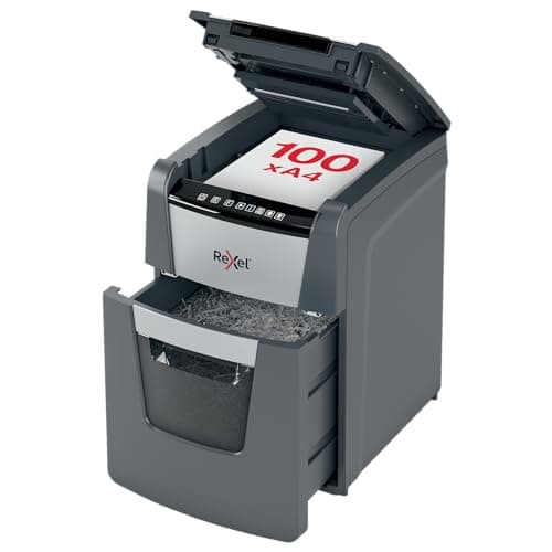 Image of Rexel 2020100X Auto+ 100X Automatic Document Shredder Cross Cut Safety P4, Capacity 100 Sheets, 34 Litre Removable Bin