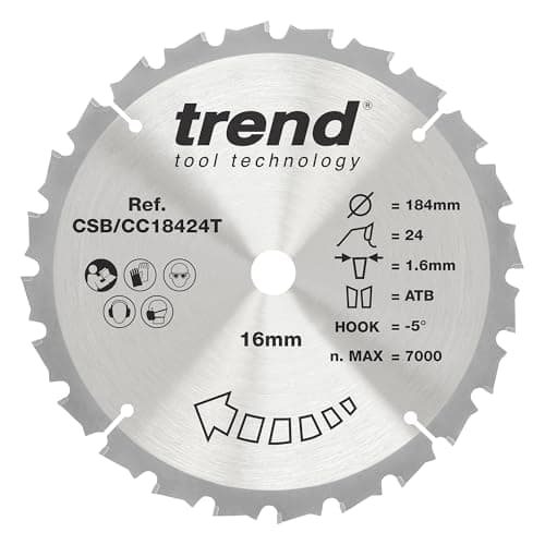 Image of Trend Wood Cordless Mitre Saw Blade, 184mm Diameter, 16mm Bore, 24 Teeth, 1.6mm Kerf, -5° Hook, TCT, Medium Finish, CSB/CC18424T