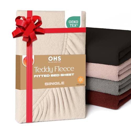 Image of Brentfords Teddy Fleece Fitted Sheet, Soft Warm Single Fitted Sheet Thermal Luxury Winter Bed Sheets Fluffy Cuddly Teddy Bear Bedding Bed Cover Easy to Use Fit, Cream Beige