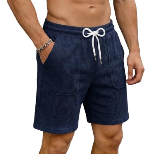 Image of Kids4ever Mens Waffle Knit Shorts Casual Lightweight Gym Sports Shorts Elastic Waist Drawstring Pockets Navy Blue L