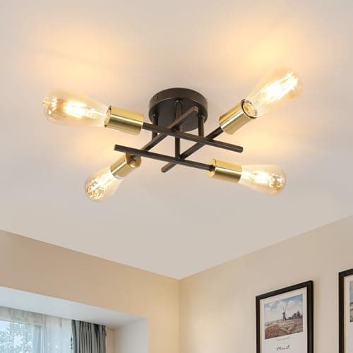 Image of Dorlink Chandelier Light, 4 Lights Industrial Ceiling Light Black Gold, E27 Chandelier Lighting Vintage Semi Flush Mount for Living Room Bedroom Kitchen Dining Room Hallway Ø28CM (No Bulbs)