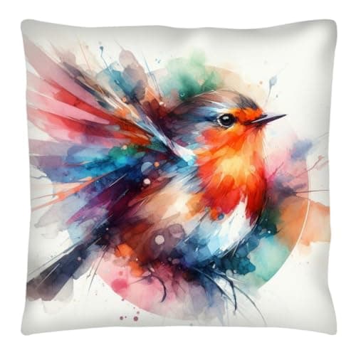 Image of The Beach Stop Watercolour Robin Accent Cushion Cover | Home Decor Inspo | Gift Idea for Bird Lovers | 45x45cm 18x18” | Colourful Robin