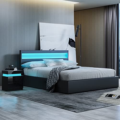 Image of BESTWANTED Ottoman Storage Bed 3ft Single Bed Frame with Storage Gas Lift up Bed in Black with LED Lights, Faux Leather
