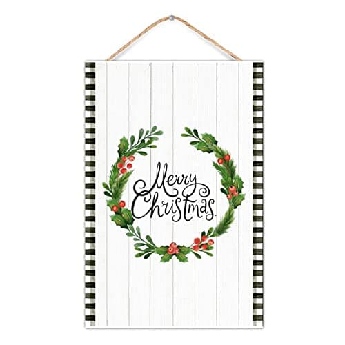 Image of Winter Door Hanger Wreath Wood Signs Christmas Botanical Wreath Farmhouse Rustic Wooden Wall Decor Signs Signs for Home Decor for Bathroom Kitchen Nursery Decor 20x30cm