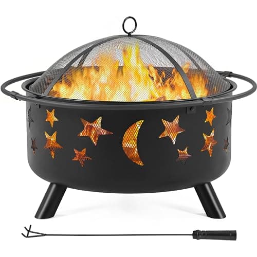 Image of Yaheetech Large Fire Pit with Stars & Moons, Wood Burning Fir Pit with Poker & Mesh Cover for Backyard/Outdoor, Black