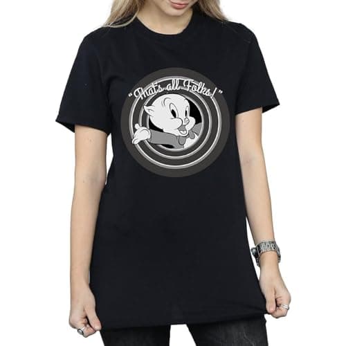 Image of LOONEY TUNES Women's Porky Pig That's All Folks Boyfriend Fit T-Shirt X-Large Black