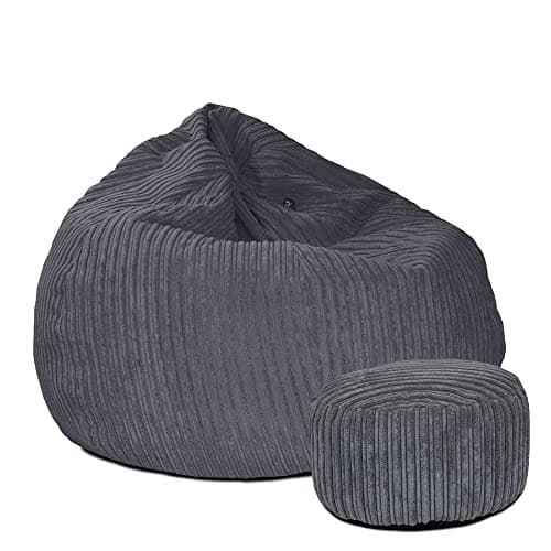 Image of rucomfy Beanbags Slouchbag Large Corduroy Bean Bag Chair - Adult Bean Bag with Filling - Home Furniture Seating for Living Room or Bedroom - Machine Washable - 80 x 110cm (Slate Grey, with Footstool)