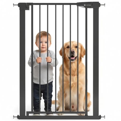 Image of Venture Stair Gate - Q-Fix 110cm Extra Tall Baby Gate for Stairs & Doorways - 73-80cm Wide Indoor Dog Gate, Pressure Fit with Auto-Close & 90° Two-Way Open - Black