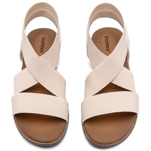 Image of Veittes Women's Flat Slide Sandals - Fashionable Elastic Ankle Strap, Comfort Soft Sole Summer Casual Sandals.(AM/MF,Size 7.5)
