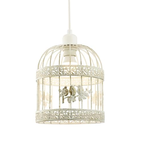 Image of Shabby Chic Brushed Cream and Gold Birdcage Pendant Shade with 3D Flowers and Birds | 23cm x 20cm | for Bedroom Dining Room Lounge etc by Happy Homewares