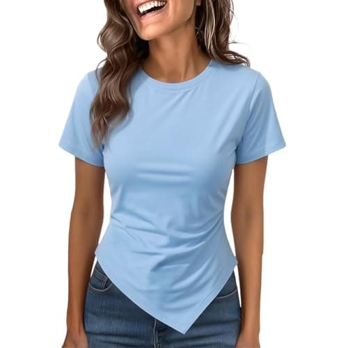 Image of Women's Crew Neck Short Sleeve T-Shirt Slim Fit Asymmetrical Hem Top Ruched Side Detail Casual Blouse Form-Fitting Silhouette Trendy Y2K-Inspired Design for Going-Out Occasions(Sky Blue, S)