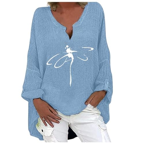 Image of 3/4 Sleeve Crinkle Gauze Shirts for Women Graphic 2025 Oversized Spring Blouses V Neck Long Sleeve Summer Loose Fit Peplum Embroidered Club Linen Bell Sleeve Cotton Tops Casual Tunic Blue