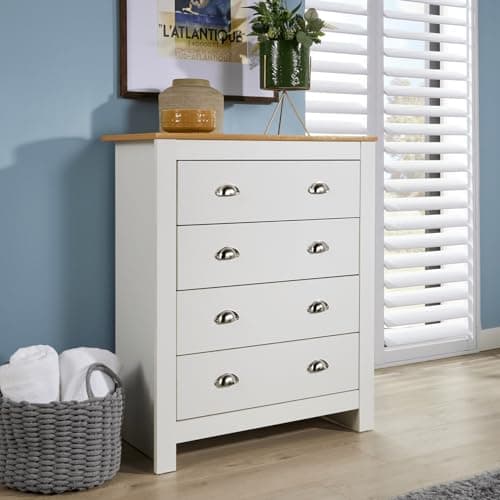 Image of Home Source Chest of Drawers Clothing Storage Unit, 4 Drawers, Oak Effect Top, White