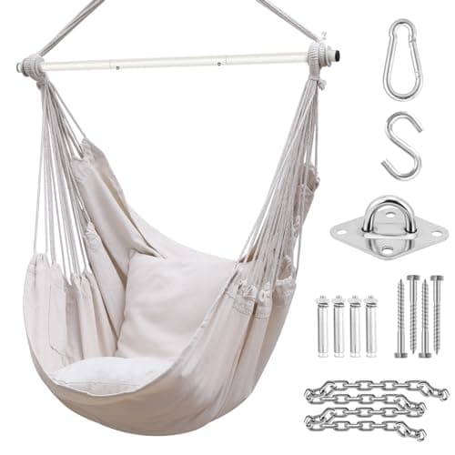Image of Swing Chair with Hardware Kit: Ohuhu XL Portable Hanging Chairs with 2 Cushions Detachable Metal Support Bar Side Pocket for Indoor, Hammock Chair for Patio Bedrooms Teen Girls Room Decor, Beige