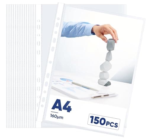 Image of NOTEZMATE 150 Punched Pockets A4, Heavy Duty 160 Micron A4 Glass Clear Plastic Wallets, Poly Pockets Top Opening with 11 Holes for Ring Binders, Plastic Sleeves for Documents and Filing Folders