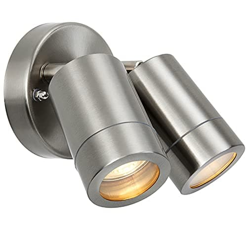Image of National Lighting IP44 Rated Outdoor Twin Spotlights, Brushed Stainless Steel Adjustable Tilt Outside Lights, Mains Powered Security Spot Lights, 2X 7W 240V LED GU10 (Not Included)