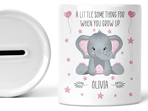 Image of Baby Girl Gift Personalised Piggy Bank For Babies Elephant Decor Newborn Babies Girls Gifts Money Box Custom Name Savings Jar Decor Coin Box Money Bank Nursery Accessories Ceramic Keepsake